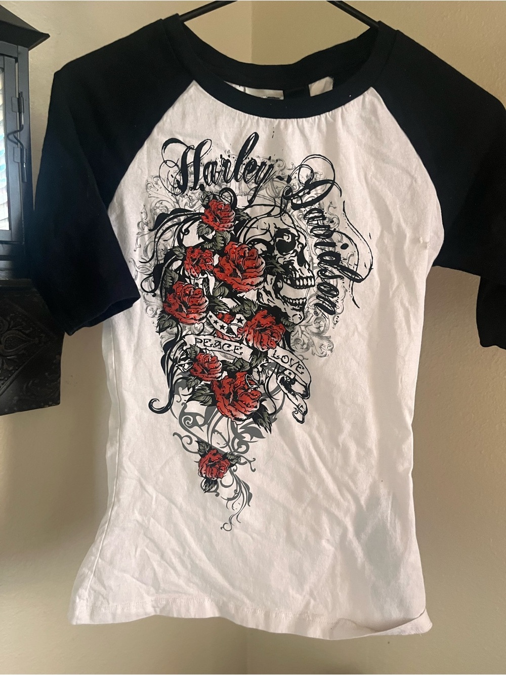 Harley-Davidson Black & White Raglan Tee with Red Rhinestone Rose Skull Graphic